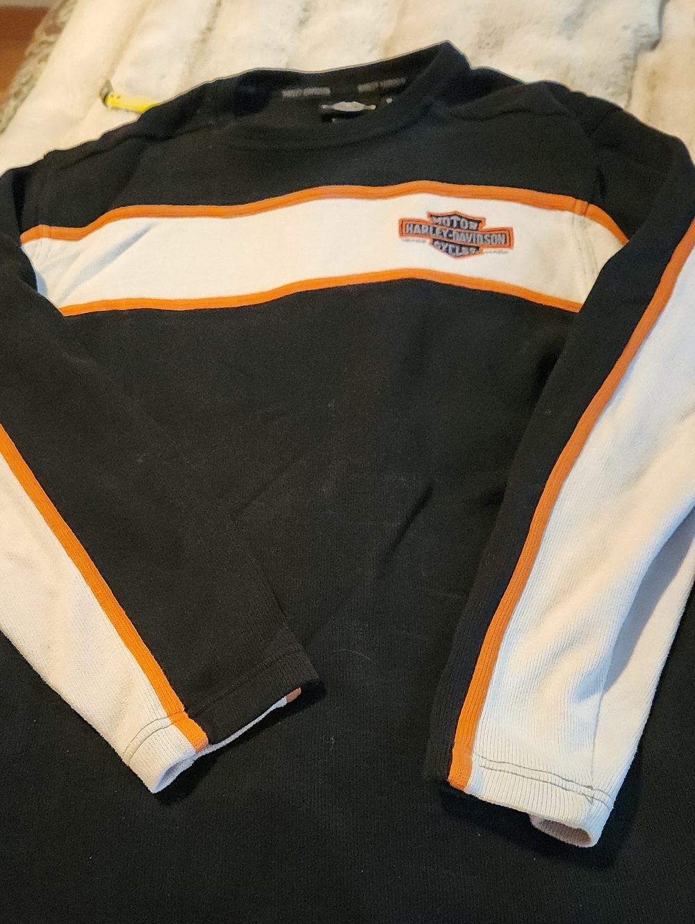 Harley-Davidson Men's Black and White Striped Crewneck Sweater with Orange Trim